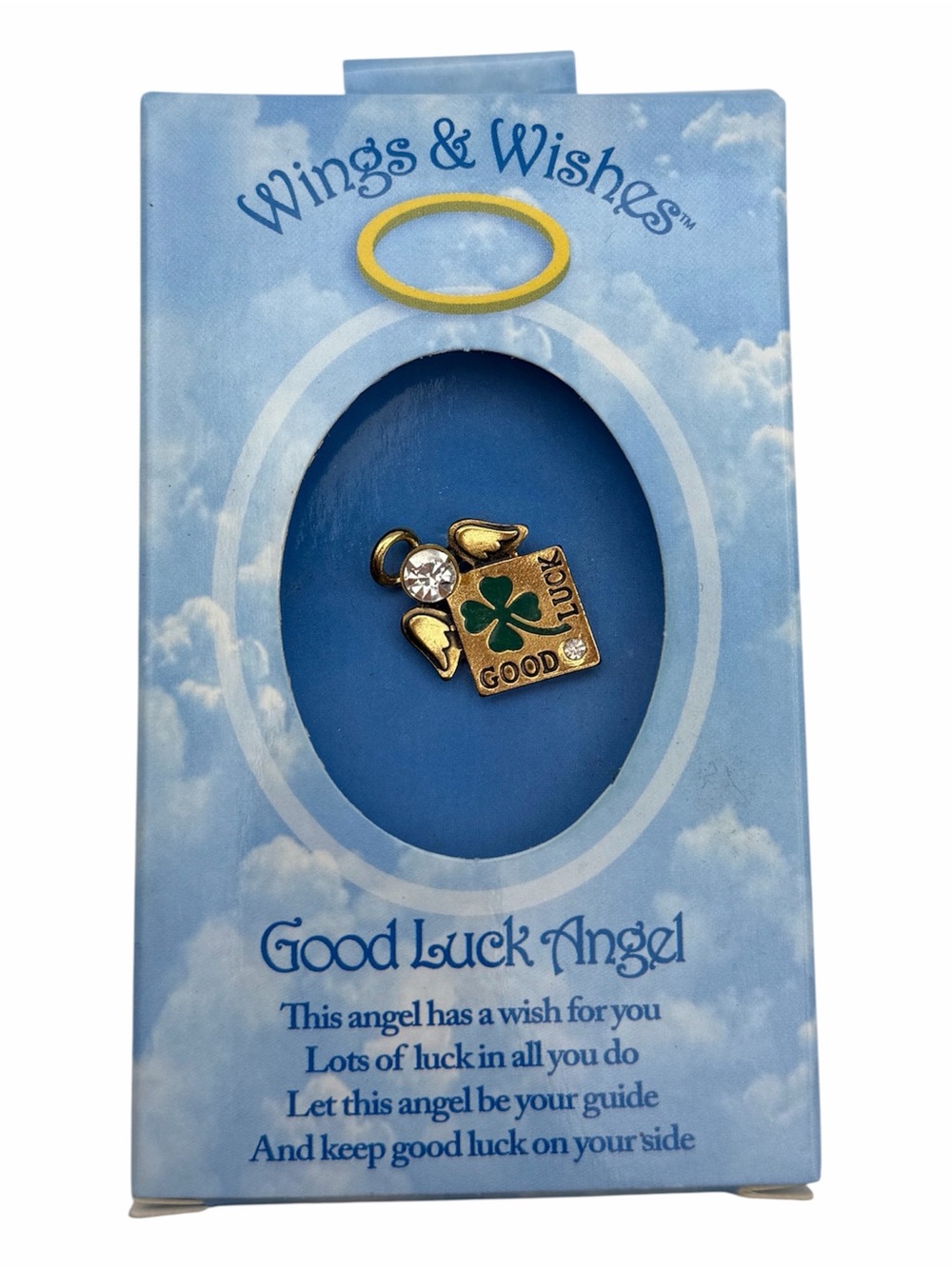 Wings & Wishes Good Luck Angel Pin Four Leaf Clover Crystal Gold Tone Boxed